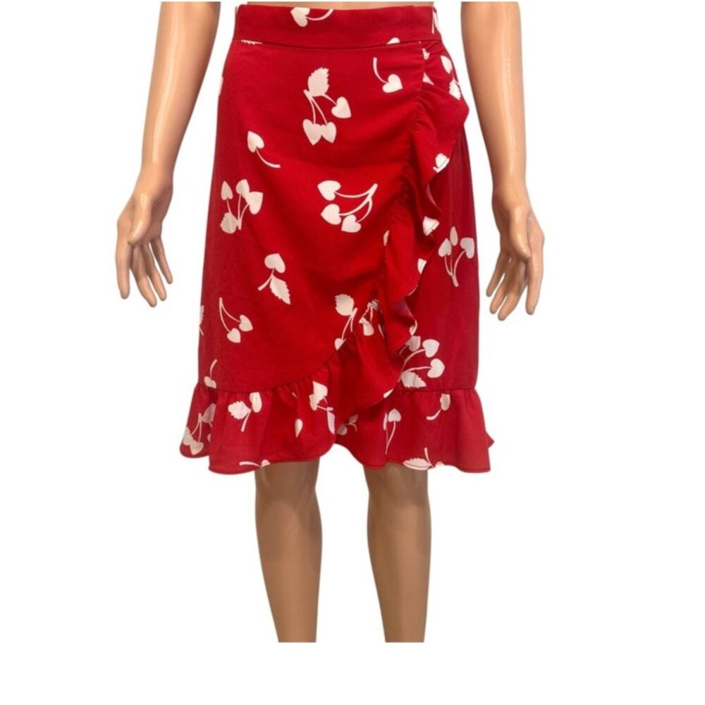 ModCloth 10 cherry heart ruffle faux wrap skirt SK 3297